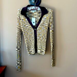 NWT! Hooked Up Retro Sweater- Size XS- Gold & Brown- Button Down with Collar